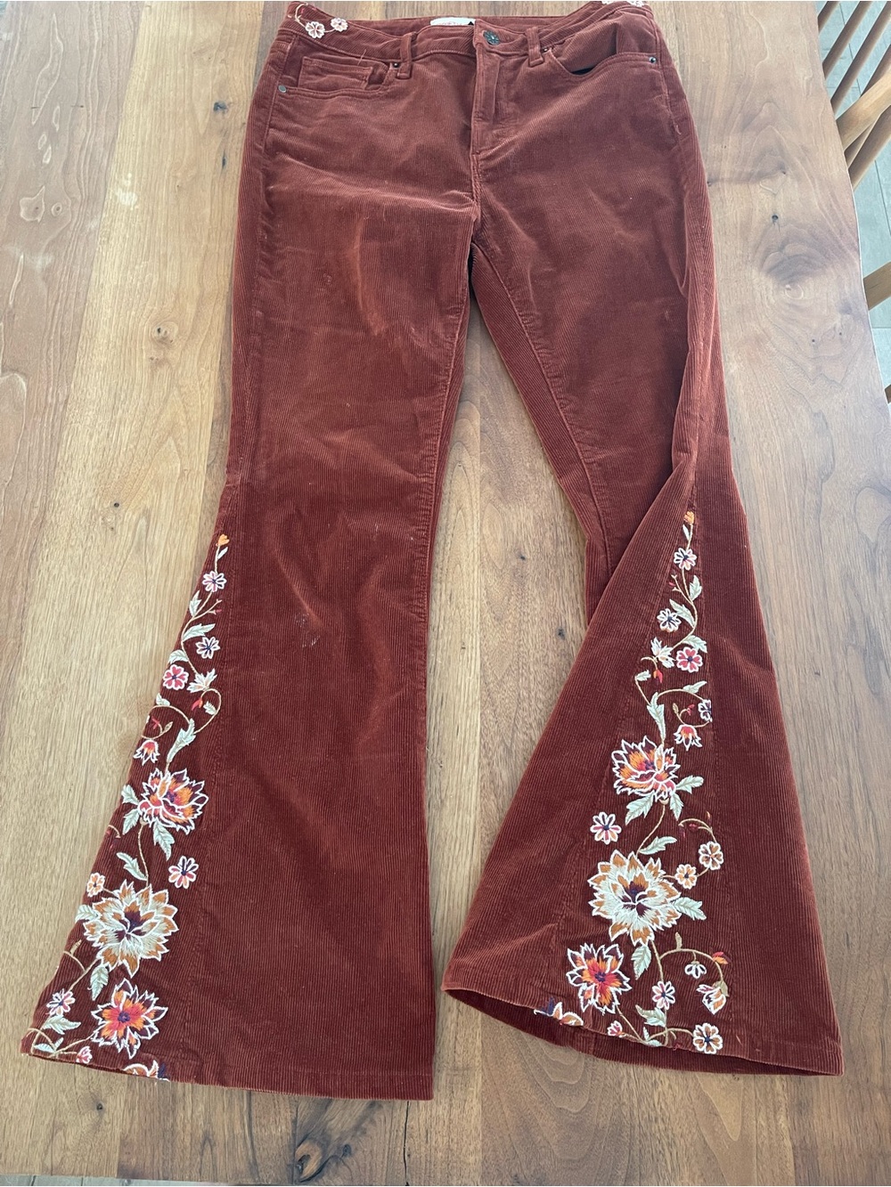 DRIFTWOOD Farah Rust Corduroy Embroidered Flare Jeans velvet floral 28